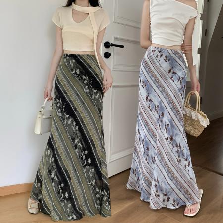 复古斜纹印花薄纱雪纺半身裙夏度假风裙子绝美包臀鱼尾长裙 服裝批發女裝批發服飾貨源