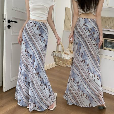 复古斜纹印花薄纱雪纺半身裙夏度假风裙子绝美包臀鱼尾长裙 服裝批發女裝批發服飾貨源