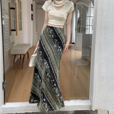 复古斜纹印花薄纱雪纺半身裙夏度假风裙子绝美包臀鱼尾长裙 服裝批發女裝批發服飾貨源