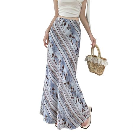 复古斜纹印花薄纱雪纺半身裙夏度假风裙子绝美包臀鱼尾长裙 服裝批發女裝批發服飾貨源