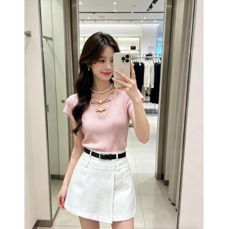 夏新款韩版修身显瘦飞机袖百搭减龄显瘦短袖天丝麻针织衫 服裝批發女裝批發服飾貨源