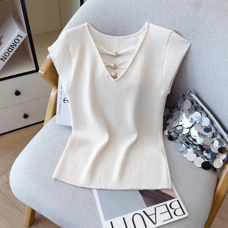 夏新款韩版修身显瘦飞机袖百搭减龄显瘦短袖天丝麻针织衫 服裝批發女裝批發服飾貨源