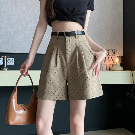 休闲短裤女夏新款复古波点a字工装裤高腰阔腿裤圆点5分短裤女 服裝批發女裝批發服飾貨源