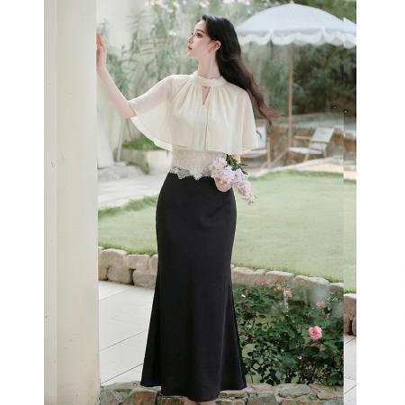 木子李的李温柔小飞袖收腰蕾丝花边雪纺上衣女夏半身裙两件套 服裝批發女裝批發服飾貨源