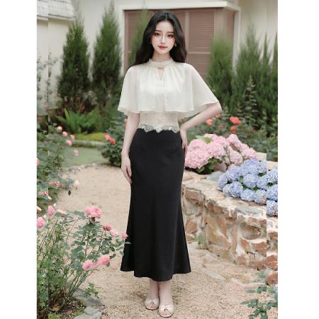 木子李的李温柔小飞袖收腰蕾丝花边雪纺上衣女夏半身裙两件套 服裝批發女裝批發服飾貨源