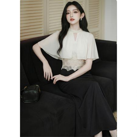 木子李的李温柔小飞袖收腰蕾丝花边雪纺上衣女夏半身裙两件套 服裝批發女裝批發服飾貨源