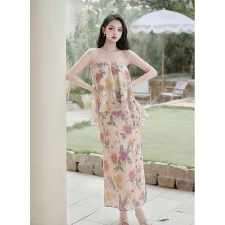SYA奚小西莫奈花园复古碎花抹胸套装女夏温柔鱼尾半裙两件套 服裝批發女裝批發服飾貨源