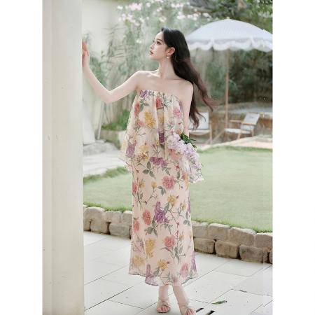 SYA奚小西莫奈花园复古碎花抹胸套装女夏温柔鱼尾半裙两件套 服裝批發女裝批發服飾貨源