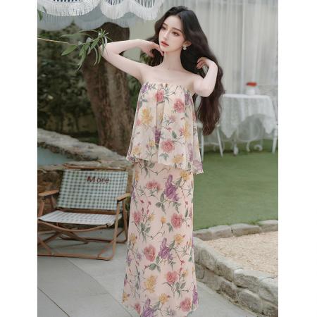 SYA奚小西莫奈花园复古碎花抹胸套装女夏温柔鱼尾半裙两件套 服裝批發女裝批發服飾貨源