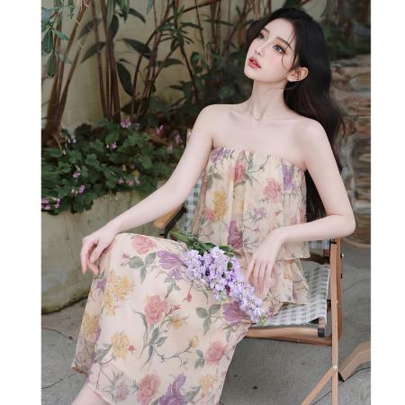 SYA奚小西莫奈花园复古碎花抹胸套装女夏温柔鱼尾半裙两件套 服裝批發女裝批發服飾貨源