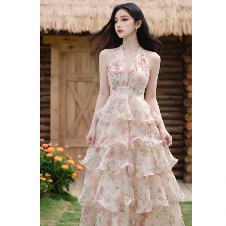 法式度假连衣裙女纯欲性感露背挂脖雪纺印花蛋糕长裙生日礼服 服裝批發女裝批發服飾貨源