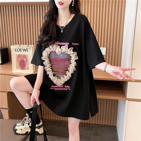 棉后包领纯棉短袖t恤女开叉大码胖mm蕾丝花边上衣 服裝批發女裝批發服飾貨源