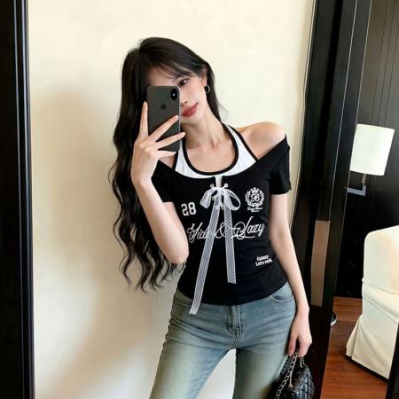 美式辣妹蕾丝绑带假两件夏季甜辣修身显瘦短款绝美小衫 服裝批發女裝批發服飾貨源