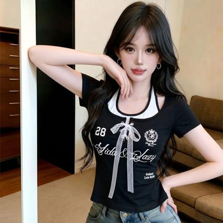 美式辣妹蕾丝绑带假两件夏季甜辣修身显瘦短款绝美小衫 服裝批發女裝批發服飾貨源