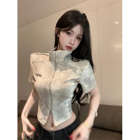 甜酷修身显瘦短款T恤夏季气质POLO领休闲复古扎染短袖 服裝批發女裝批發服飾貨源