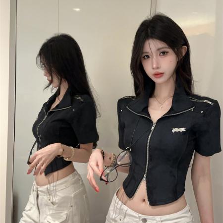 甜酷修身显瘦短款T恤夏季气质POLO领休闲复古扎染短袖 服裝批發女裝批發服飾貨源