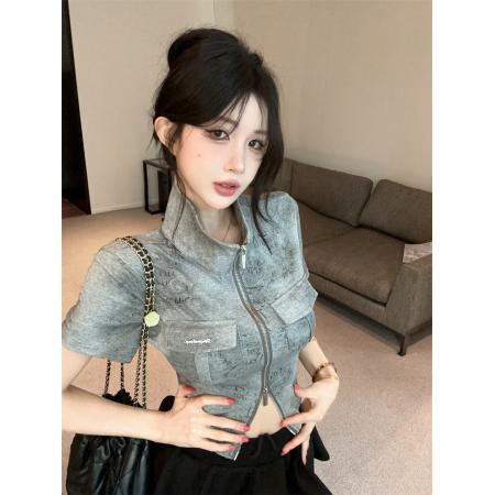 纯欲风辣妹复古polo领扎染设计感收腰小个子显瘦短款T恤 服裝批發女裝批發服飾貨源