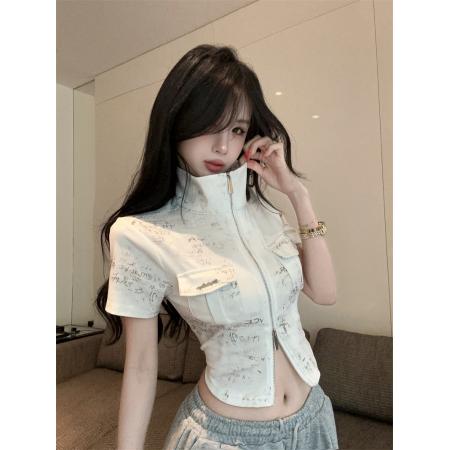 纯欲风辣妹复古polo领扎染设计感收腰小个子显瘦短款T恤 服裝批發女裝批發服飾貨源