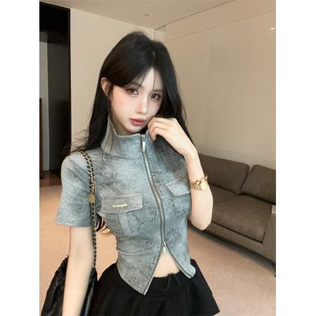 纯欲风辣妹复古polo领扎染设计感收腰小个子显瘦短款T恤 服裝批發女裝批發服飾貨源