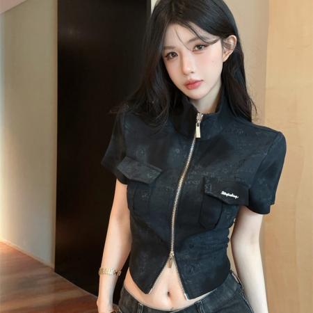 纯欲风辣妹复古polo领扎染设计感收腰小个子显瘦短款T恤 服裝批發女裝批發服飾貨源