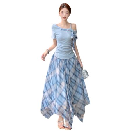 新款温柔风荡领短袖T恤格纹半身裙女高级感气质大码套装 服裝批發女裝批發服飾貨源