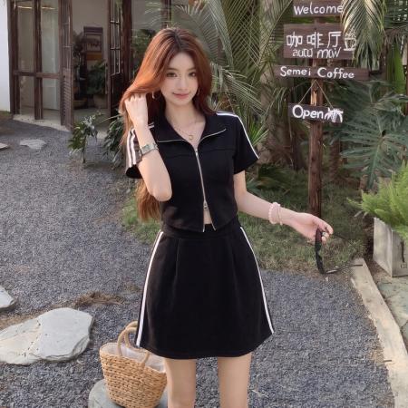 大码显瘦套装女新款夏季胖MM短款拉链上衣半身裙两件套 服裝批發女裝批發服飾貨源