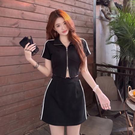 大码显瘦套装女新款夏季胖MM短款拉链上衣半身裙两件套 服裝批發女裝批發服飾貨源