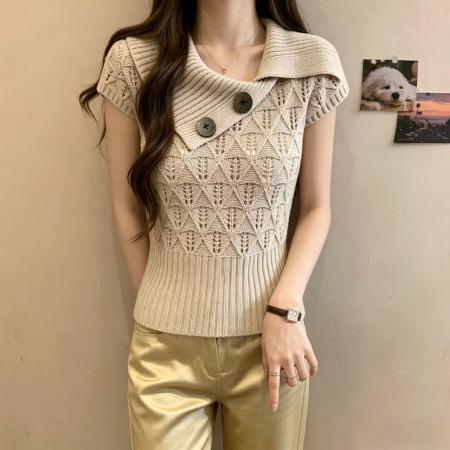 温柔镂空翻领短袖针织衫女夏季新款超好看收腰修身显瘦百搭短上衣 服裝批發女裝批發服飾貨源