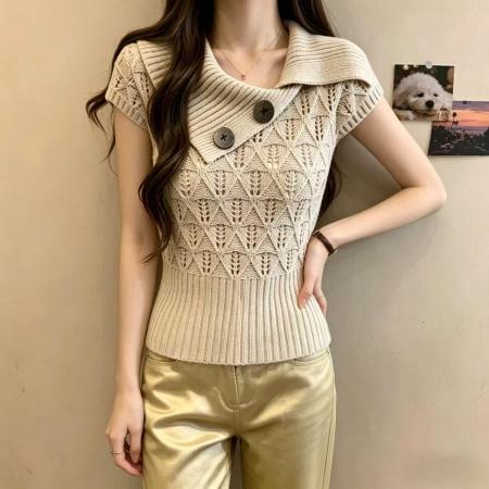 温柔镂空翻领短袖针织衫女夏季新款超好看收腰修身显瘦百搭短上衣 服裝批發女裝批發服飾貨源