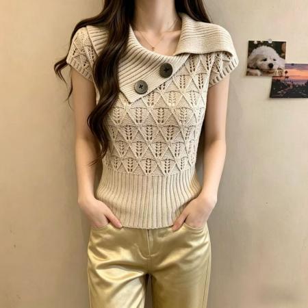 温柔镂空翻领短袖针织衫女夏季新款超好看收腰修身显瘦百搭短上衣 服裝批發女裝批發服飾貨源