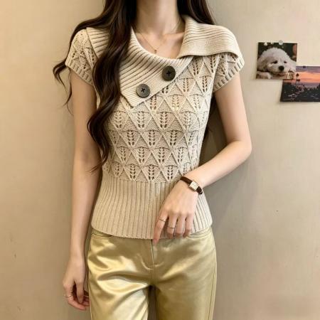 温柔镂空翻领短袖针织衫女夏季新款超好看收腰修身显瘦百搭短上衣 服裝批發女裝批發服飾貨源