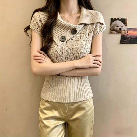 温柔镂空翻领短袖针织衫女夏季新款超好看收腰修身显瘦百搭短上衣 服裝批發女裝批發服飾貨源