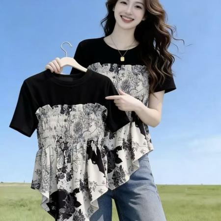 不规则假两件印花短袖T恤女夏季大码胖mm显瘦设计感炸街小衫上衣 服裝批發女裝批發服飾貨源