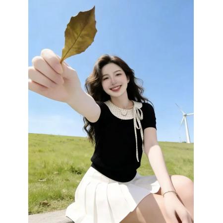 韩系休闲风时尚娃娃领短袖T恤女春季新款拼接设计感针织上衣 服裝批發女裝批發服飾貨源