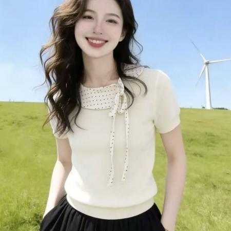 韩系休闲风时尚娃娃领短袖T恤女春季新款拼接设计感针织上衣 服裝批發女裝批發服飾貨源