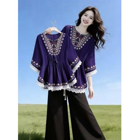 复古印花T恤女宽松显瘦遮肚子雪纺衫波西米亚流苏民族风情上衣潮 服裝批發女裝批發服飾貨源