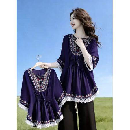 复古印花T恤女宽松显瘦遮肚子雪纺衫波西米亚流苏民族风情上衣潮 服裝批發女裝批發服飾貨源