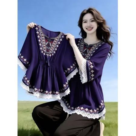复古印花T恤女宽松显瘦遮肚子雪纺衫波西米亚流苏民族风情上衣潮 服裝批發女裝批發服飾貨源