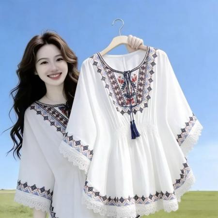 复古印花T恤女宽松显瘦遮肚子雪纺衫波西米亚流苏民族风情上衣潮 服裝批發女裝批發服飾貨源