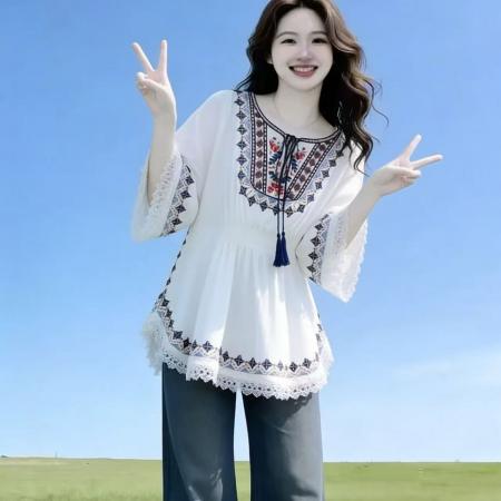 复古印花T恤女宽松显瘦遮肚子雪纺衫波西米亚流苏民族风情上衣潮 服裝批發女裝批發服飾貨源