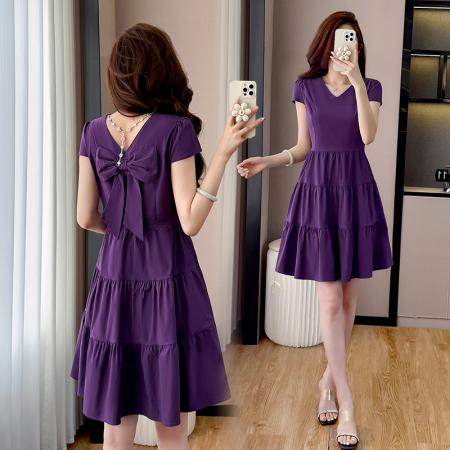 蝴蝶结修身显瘦气质洋气连衣裙拼接时尚款小个子大码裙子新款 服裝批發女裝批發服飾貨源