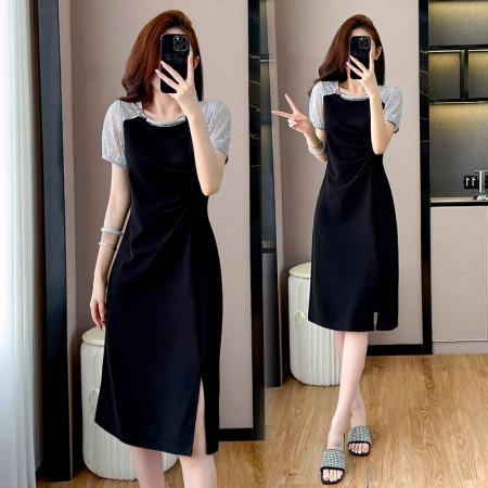 胖mm新款钉珠时尚修身拼接洋气显瘦大码连衣裙夏季黑色开叉 服裝批發女裝批發服飾貨源