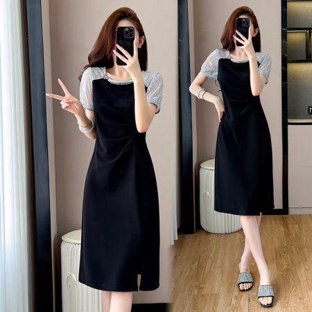 胖mm新款钉珠时尚修身拼接洋气显瘦大码连衣裙夏季黑色开叉 服裝批發女裝批發服飾貨源