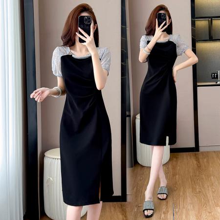 胖mm新款钉珠时尚修身拼接洋气显瘦大码连衣裙夏季黑色开叉 服裝批發女裝批發服飾貨源