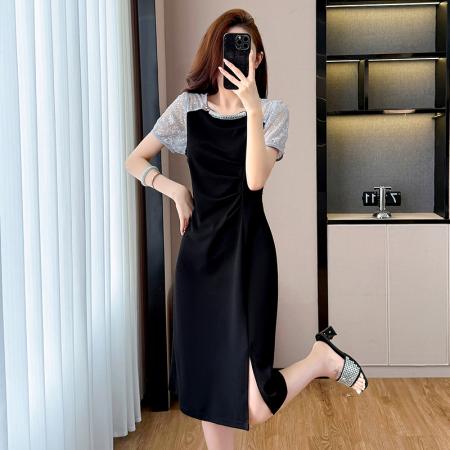 胖mm新款钉珠时尚修身拼接洋气显瘦大码连衣裙夏季黑色开叉 服裝批發女裝批發服飾貨源