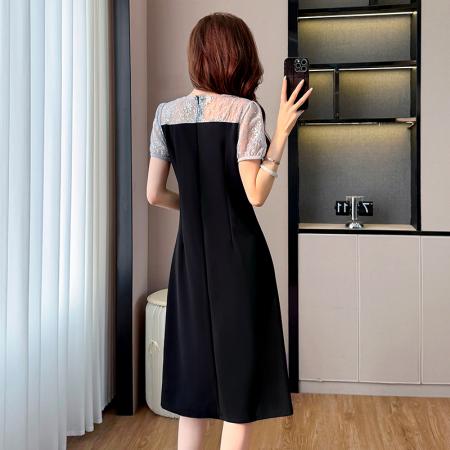 胖mm新款钉珠时尚修身拼接洋气显瘦大码连衣裙夏季黑色开叉 服裝批發女裝批發服飾貨源