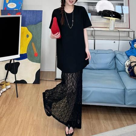 夏季时尚优雅简约设计感蕾丝拼圆领短袖假两件连衣裙 服裝批發女裝批發服飾貨源