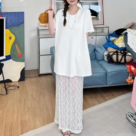 夏季时尚优雅简约设计感蕾丝拼圆领短袖假两件连衣裙 服裝批發女裝批發服飾貨源