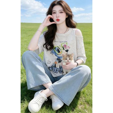 夏季新款露肩设计扎染T恤女士时髦小众高级感优雅上衣 服裝批發女裝批發服飾貨源