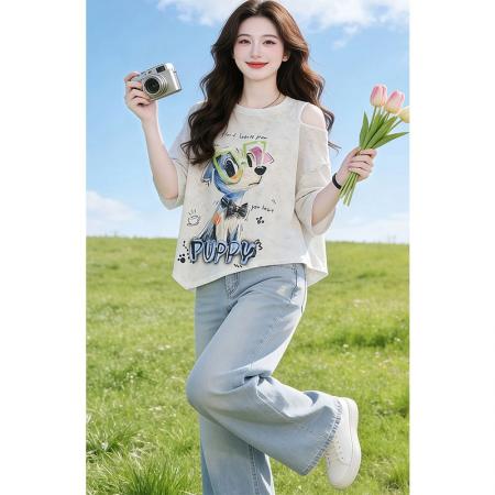 夏季新款露肩设计扎染T恤女士时髦小众高级感优雅上衣 服裝批發女裝批發服飾貨源